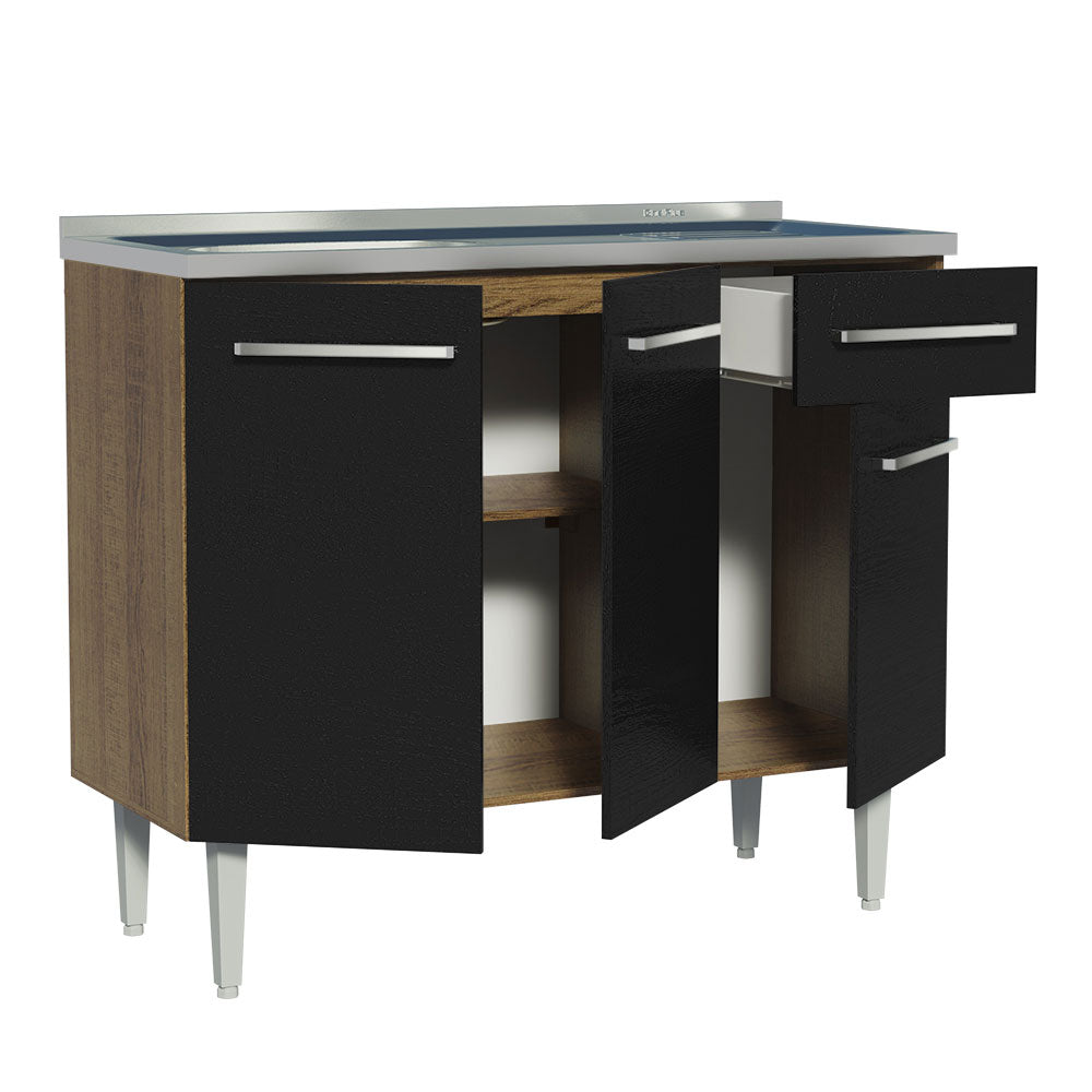 Bajo Mesada con Bacha 105 cm 3 Puertas y 1 Cajón Emilly Marrón/Negro