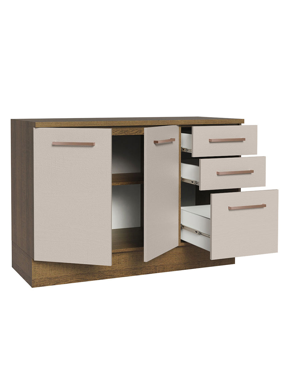 Bajo Mesada para Bacha 120 cm 2 Puertas 3 Cajones (Con Encimera) Agata Marrón/Crema