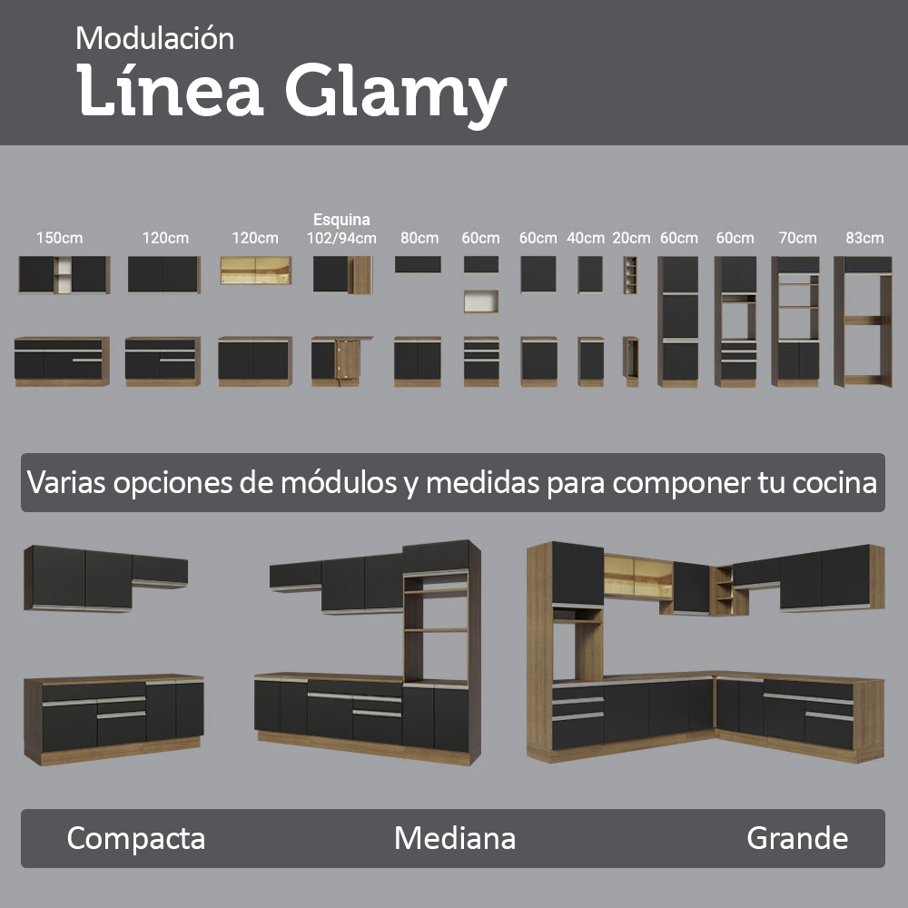 Bajo Mesada Esquinero 94 cm 1 Puerta (Sin Mesada) Marrón/Negro Glamy Madesa