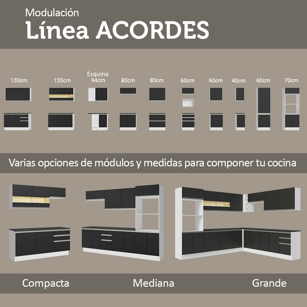 Bajo Mesada Cocina 100% MDF 80 cm 2 Puertas Blanco/Negro Acordes Madesa