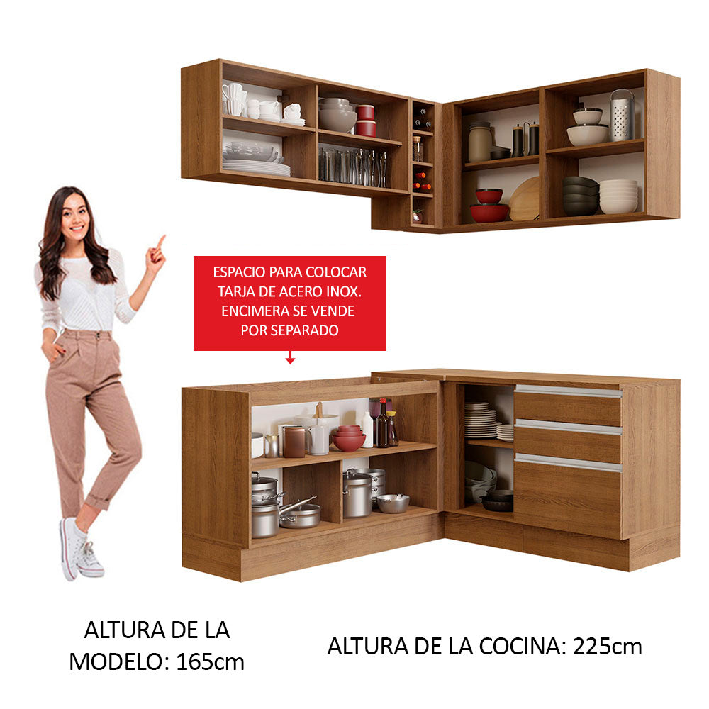 Combo completo de Cocina Esquinera 329 cm 7 Puertas 3 Cajones Sin Mesada Marrón Glamy Madesa