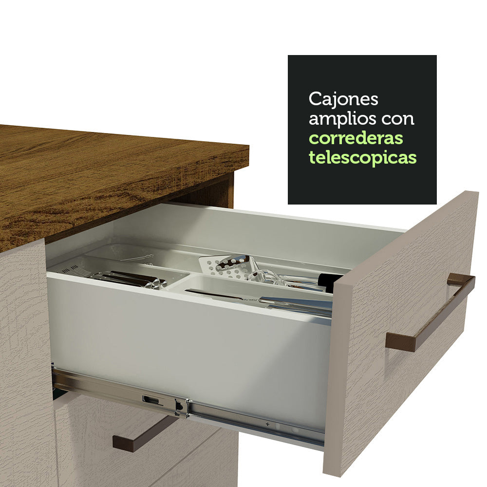 Kit Con 2 Bajo Mesada de Cocina 3 Cajones y 4 Puertas (Sin Tapa Ni Bacha de acero inoxidable) Marrón/Crema Agata Madesa