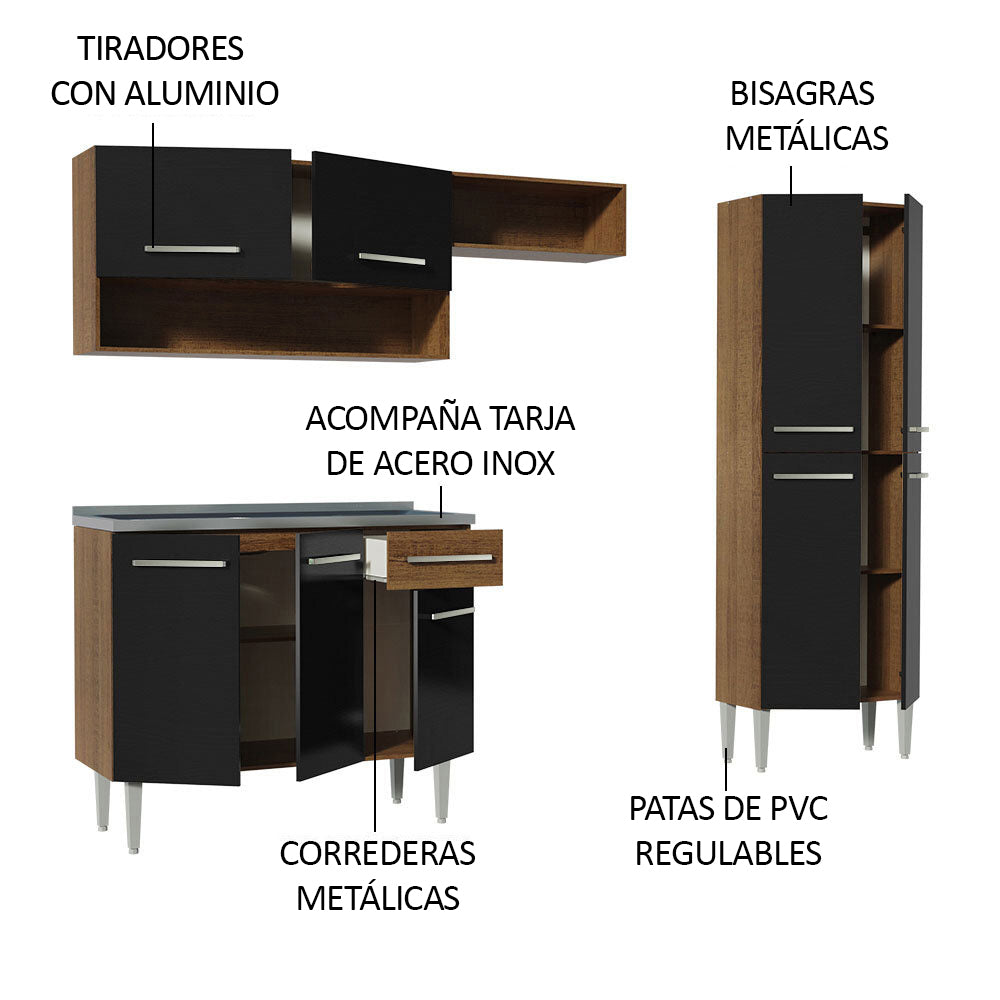 Combo completo de Cocina 229 cm con Bacha de acero, Marrón/Negro, Emilly 10