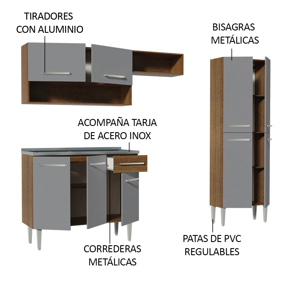 Combo completo de Cocina 229 cm 9 Puertas 1 Cajón con Bacha de Acero Inoxidable Marrón/Gris Emilly Madesa