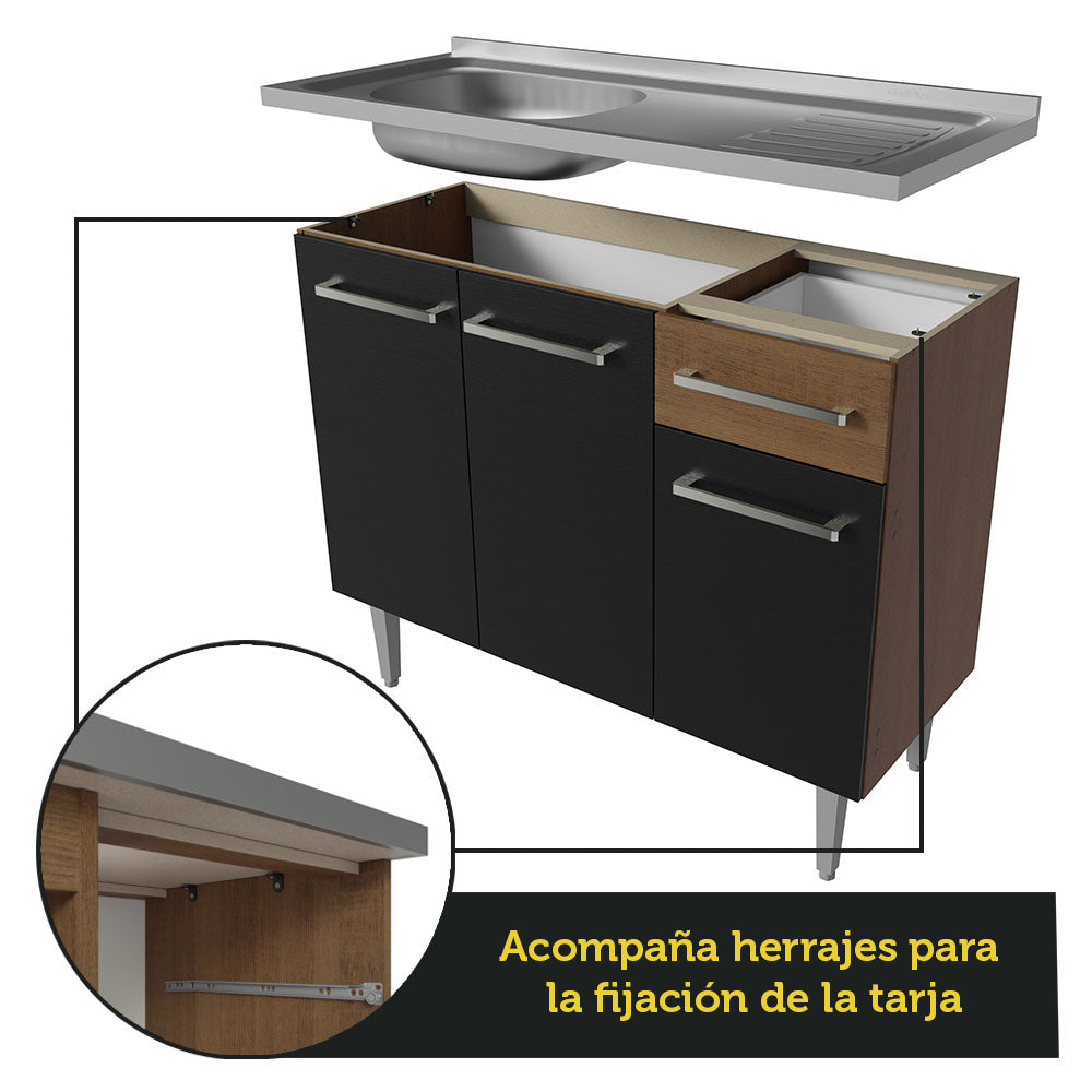 Combo completo de Cocina 229 cm 9 Puertas 1 Cajón con Bacha de Acero Inoxidable Marrón/Negro Emilly Madesa