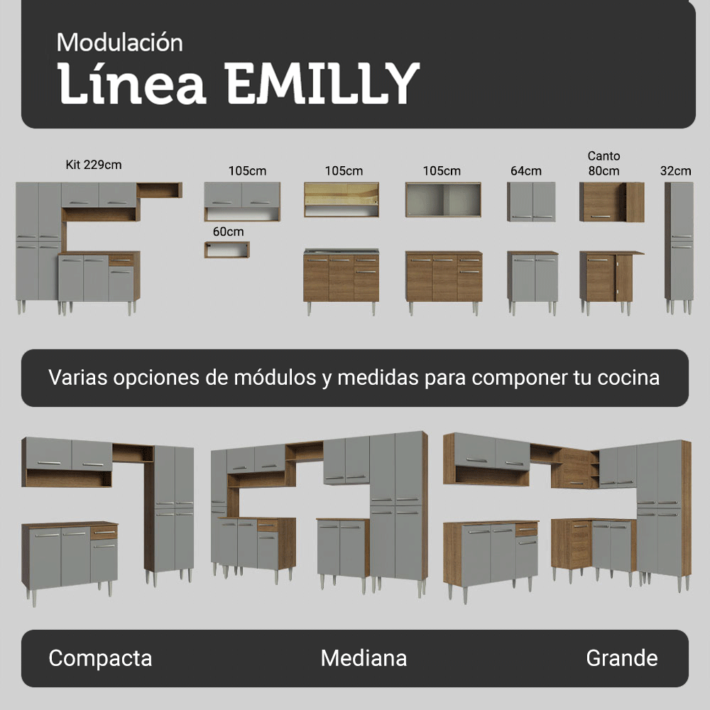 Combo completo de Cocina 229cm Marrón/Gris Emilly 18