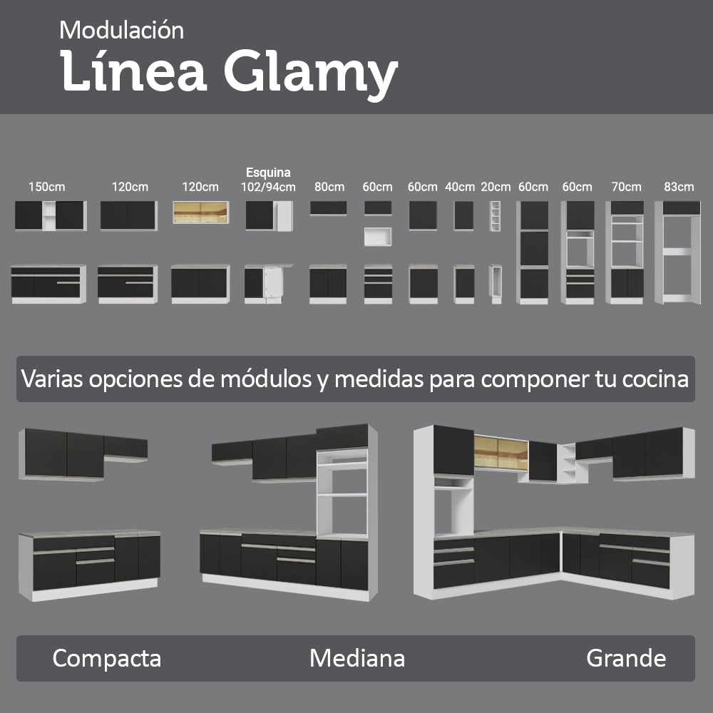 Kit Bajo Mesada + Cristalero 70cm Blanco/Negro Glamy Madesa 02