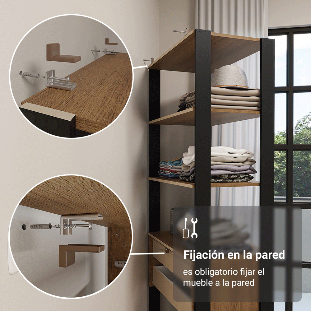 Placard Modulado con 6 cajones y 12 estantes, 210 cm, Marrón/Negro Valencia