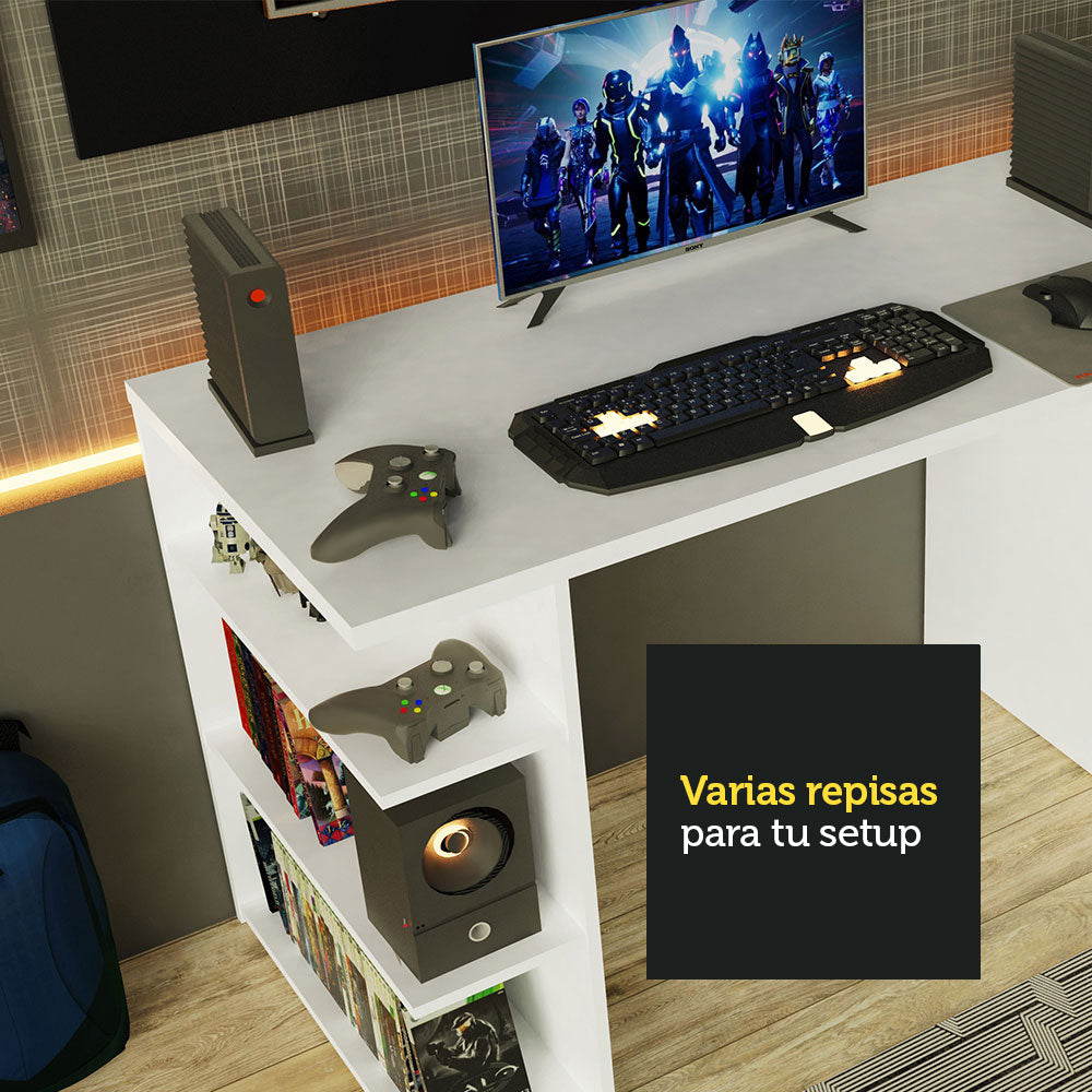 Escritorio Gamer Madesa 9409 con Panel para TV hasta 50 Pulgadas Blanco/Negro