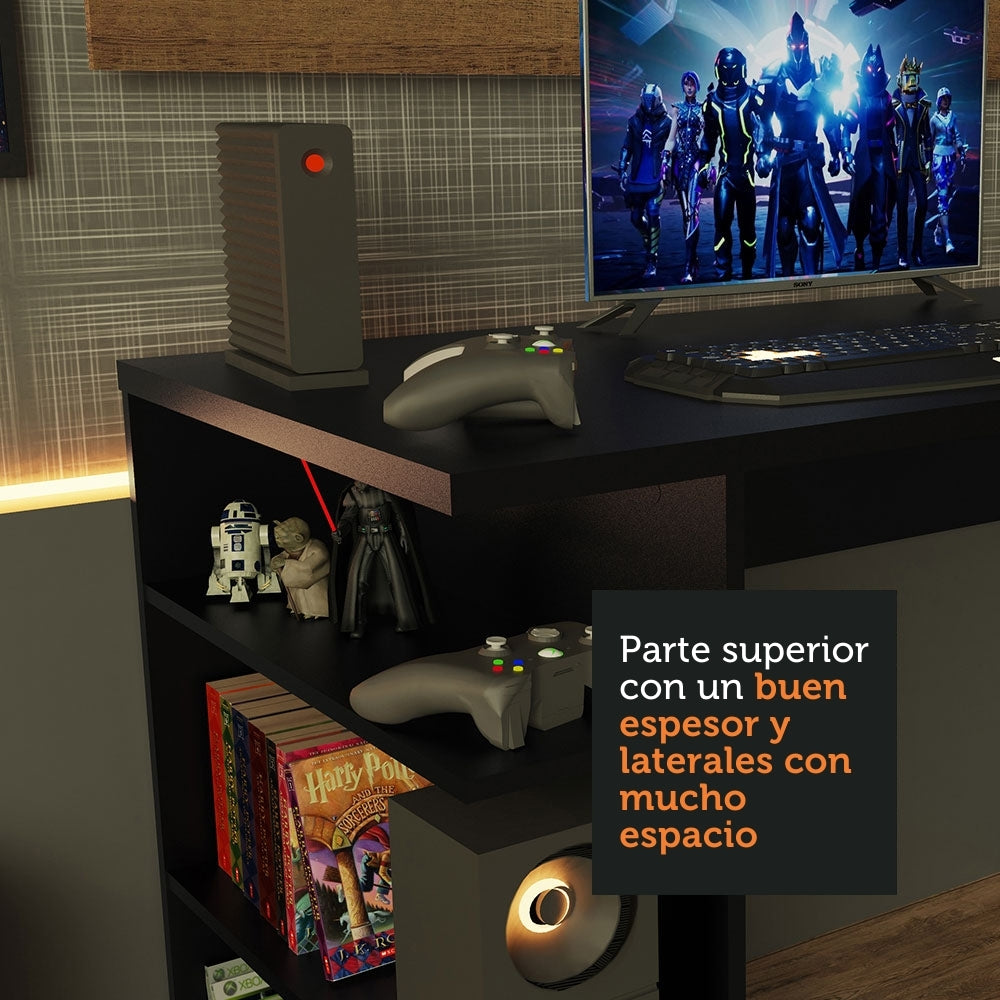 Escritorio Gamer Madesa 9409 e Panel para TV hasta 50 Pulgadas Negro/Marrón