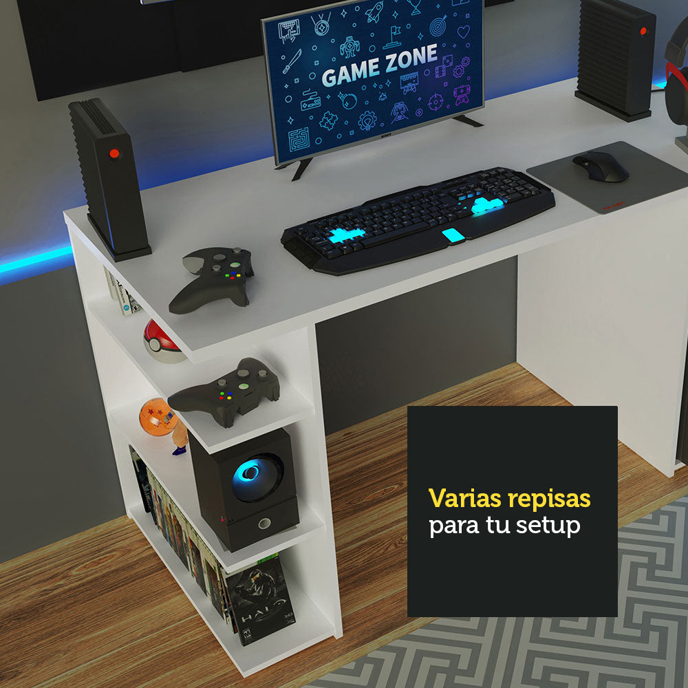 Escritorio Gamer Madesa 9409 con Panel para TV hasta 58 Pulgadas Blanco/Negro