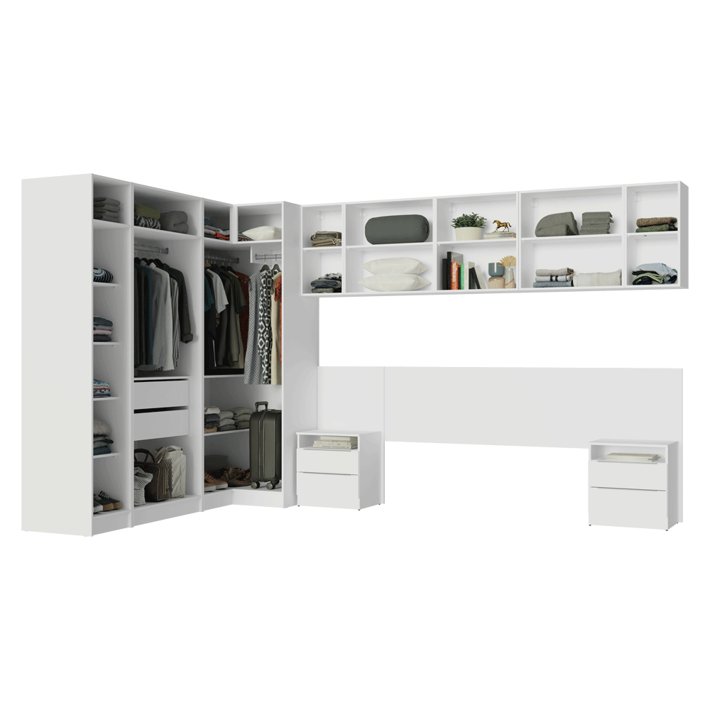 Dormitorio Completo Matrimonial de Esquina 580 cm Mesa de Luz Neo Blanco