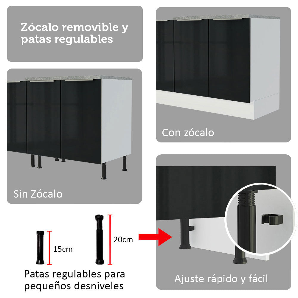 Combo completo de Cocina 270 cm con Cristalero 9 Puertas 3 Cajones Blanco/Negro Lux Madesa