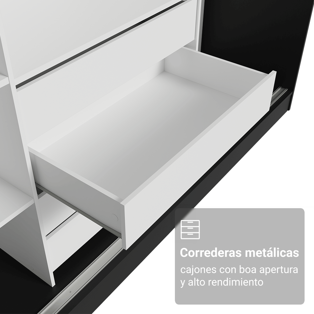 Placard Matrimonial Malta 231 cm 3 Puertas Corredizas con 1 Espejo 4 Cajones con Patas 100% MDF Negro Madesa