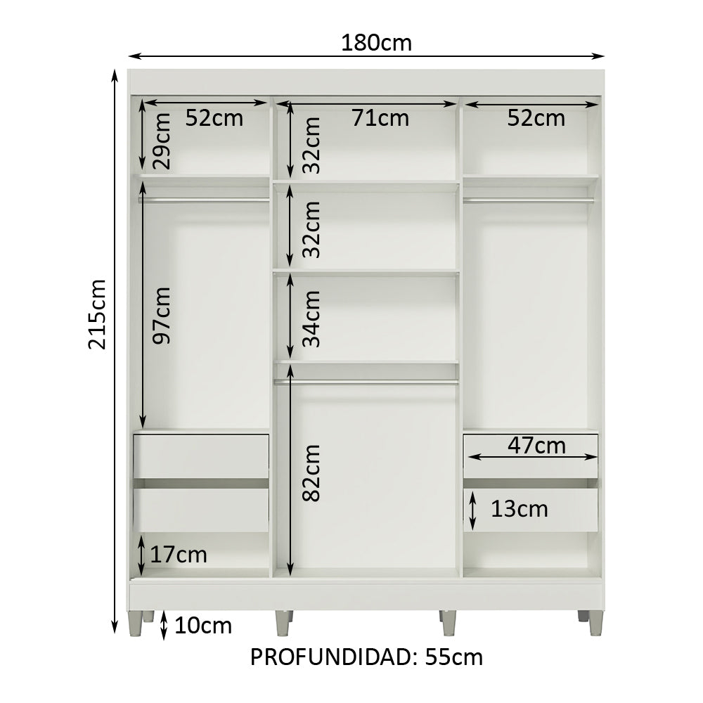 Ropero Placard Madesa Napoli 3 Puertas con Patas Blanco
