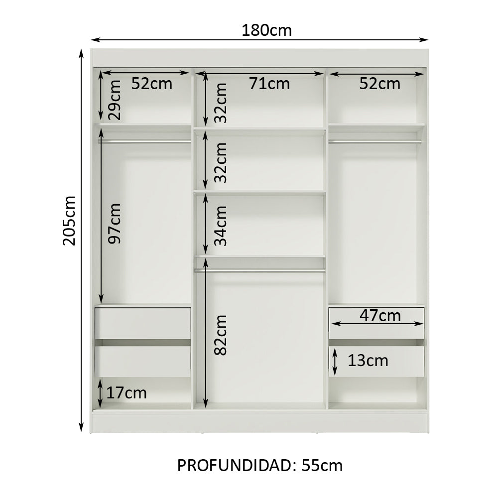Ropero Placard Madesa Veneza 3 Puertas 3 Espejos Blanco