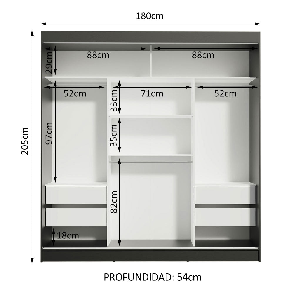Placard Ropero Casal Madesa Reno 3 Puertas Corredizas con Espejo Negro/Gris