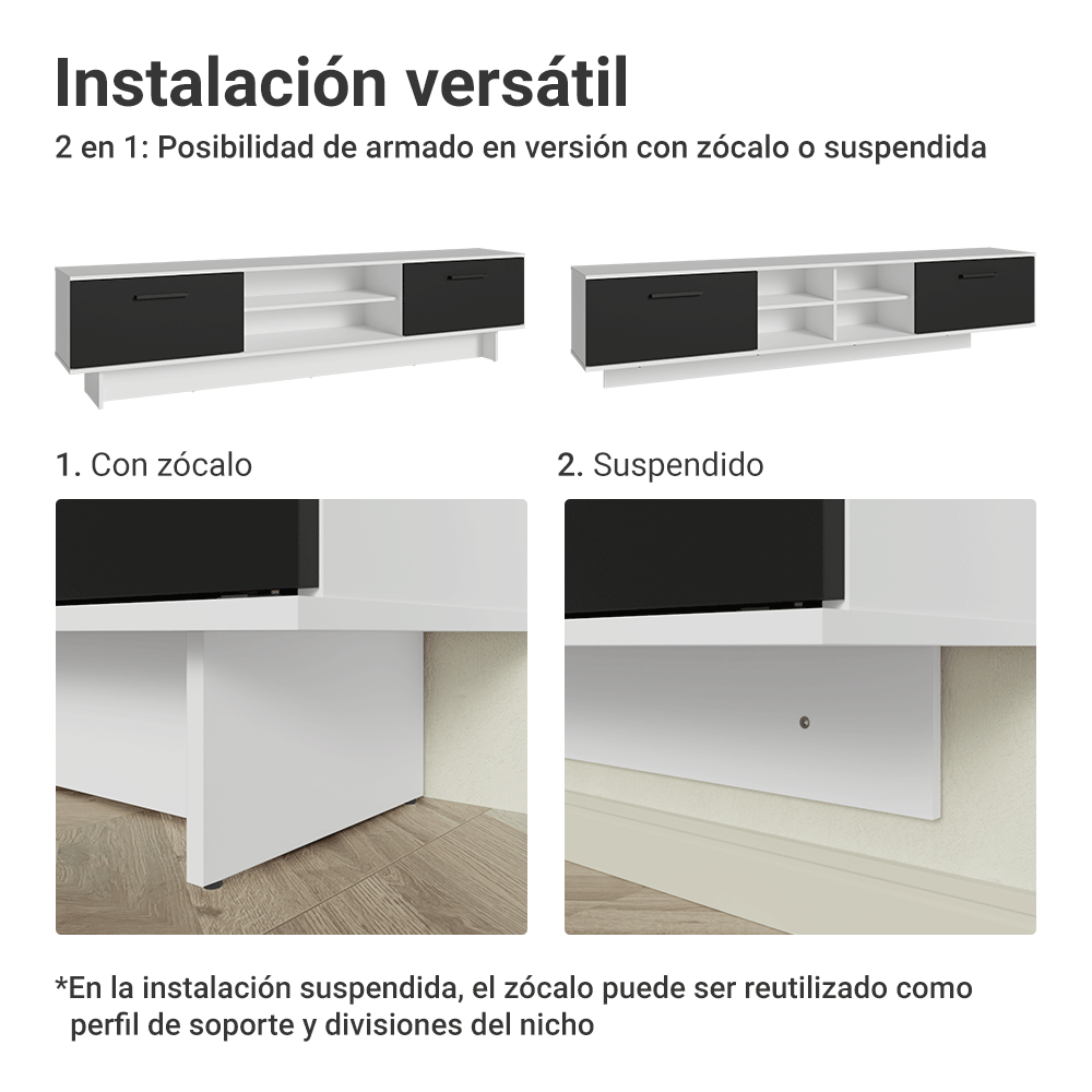 Rack Flotante para TV hasta 80 Pulgadas 218 cm 2 Puertas Blanco/Negro Agata Madesa