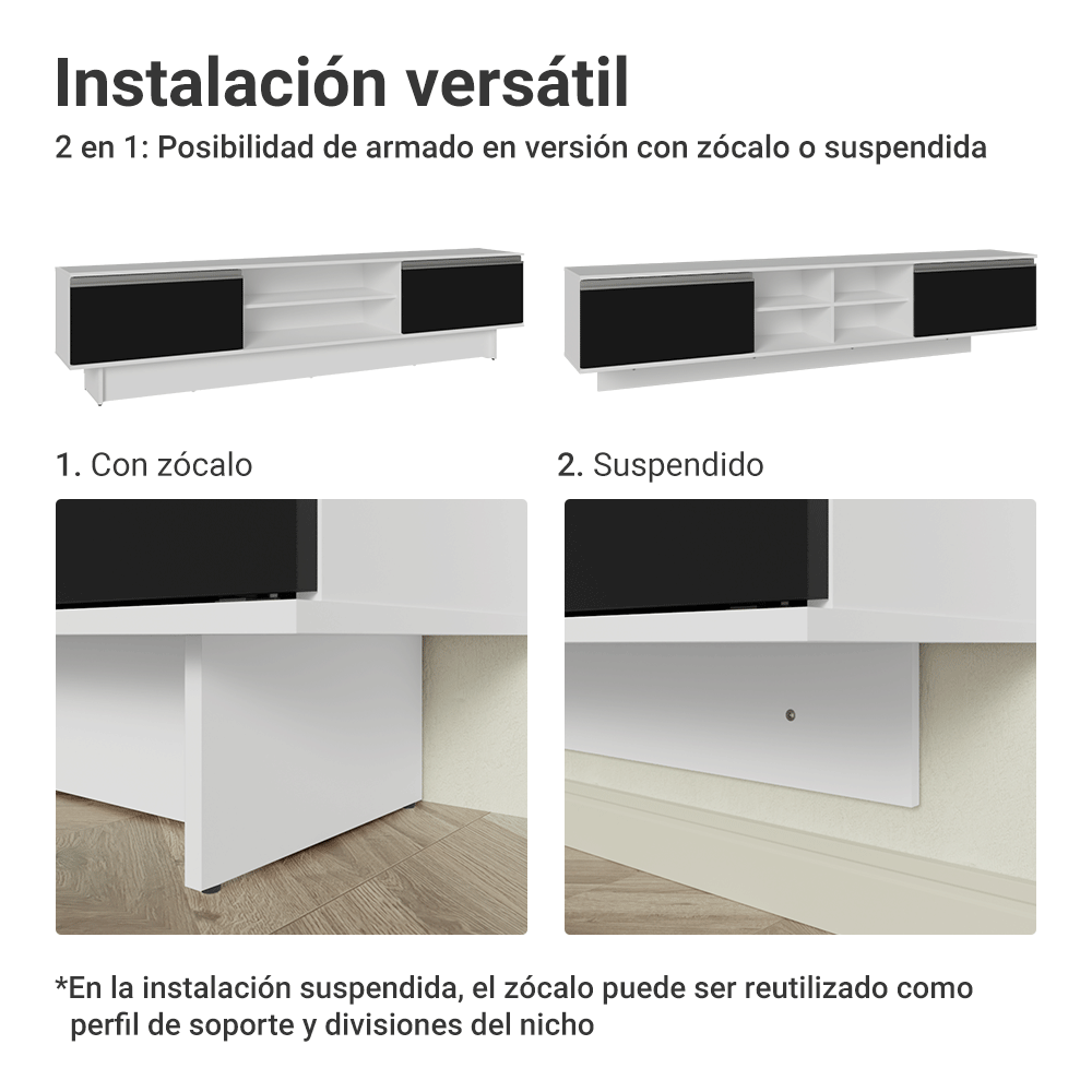 Rack Flotante para TV hasta 80 Pulgadas 218 cm 2 Puertas Blanco/Negro Glamy Madesa