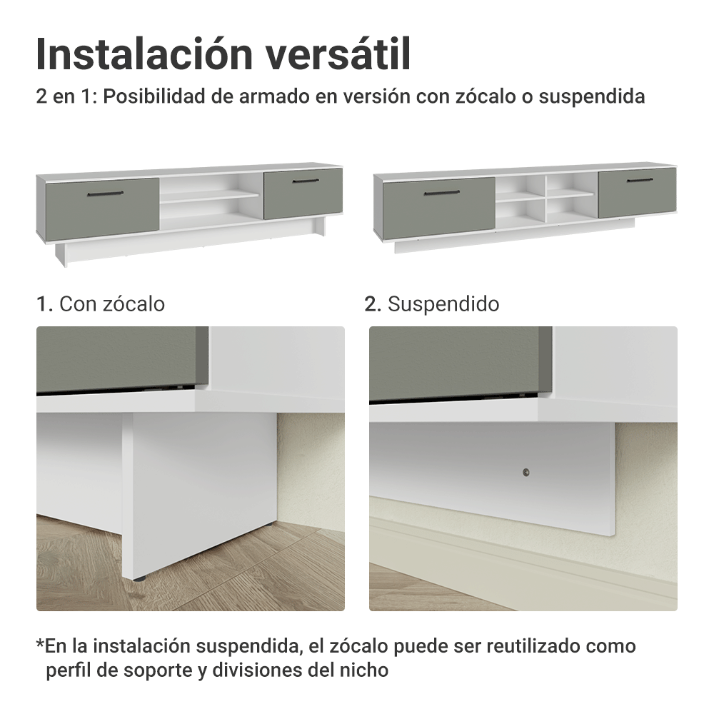 Rack Flotante para TV hasta 80 Pulgadas 218 cm 2 Puertas Blanco/Gris Agata Madesa