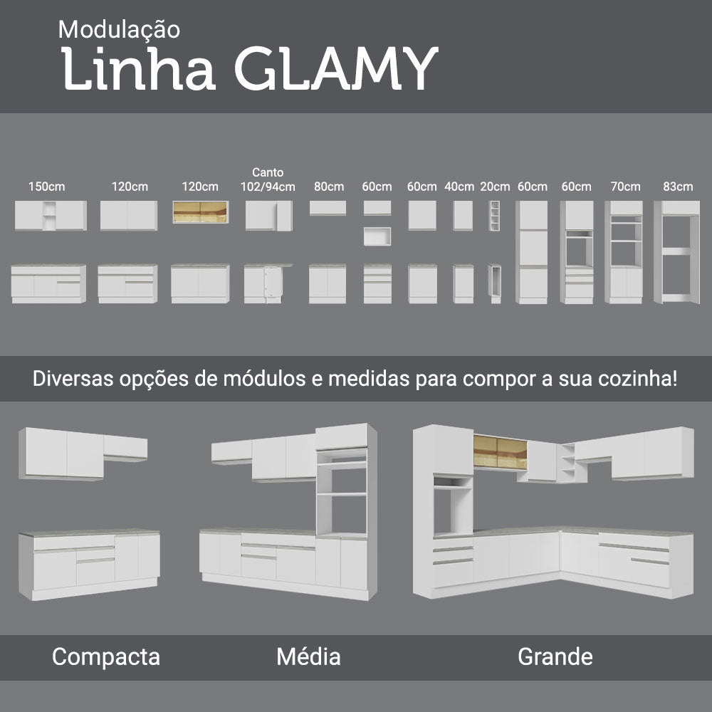 Bajo Mesada Cocina 120 x 60 cm 2 Puertas e 3 Cajones (Con Mesada) Blanco Glamy Madesa