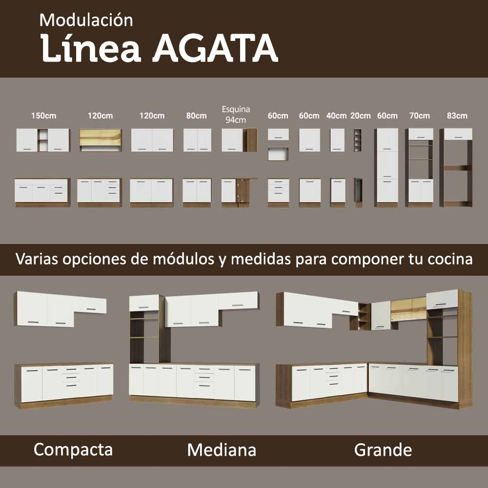 Bajo Mesada Cocina 120 cm x 60 cm, 3 Cajones 2 Puertas Agata Marrón/Blanco