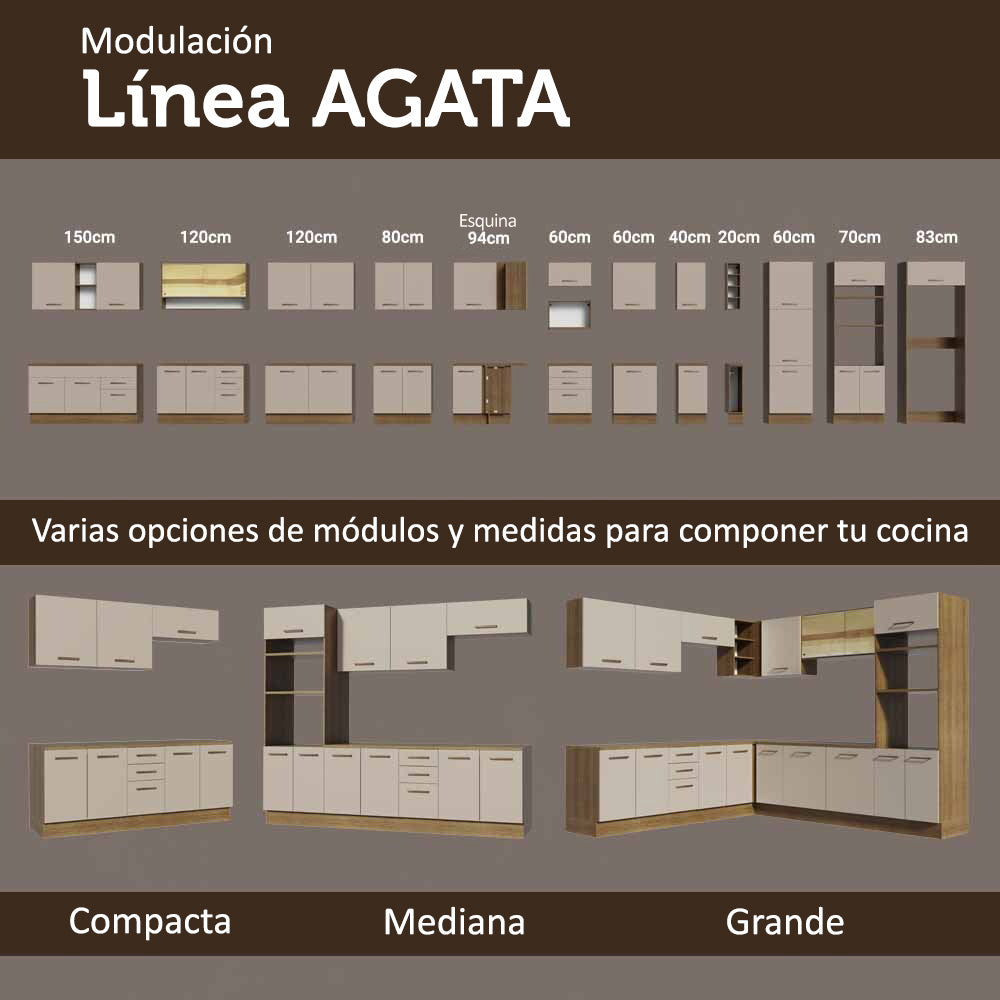 Bajo Mesada Cocina 120 cm x 60 cm, 3 Cajones 2 Puertas Agata Marrón/Crema