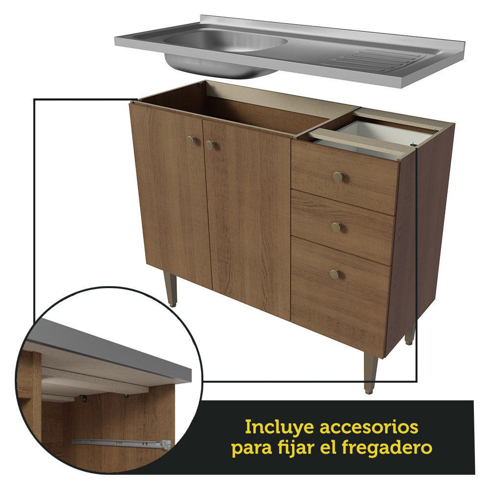 Bajo Mesada 3 Puertas y 2 Cajones 105cm con Bacha Marrón Gourmet