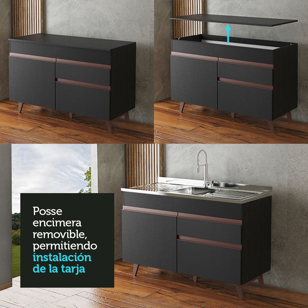 Bajo Mesada 120 cm 2 Puertas 1 Cajón con Patas Negro Reims Madesa