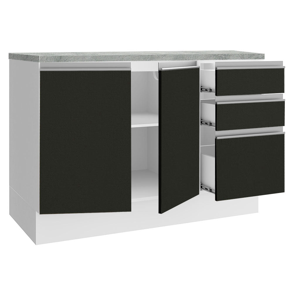 Bajo Mesada para Bacha 120 cm 2 Puertas 3 Cajones (Con Tapa) Glamy Blanco/Negro