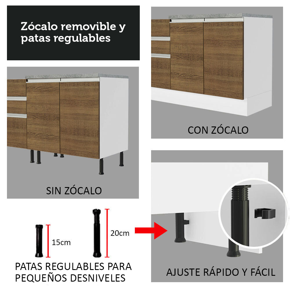 Bajo Mesada para Bacha 150 cm 2 Puertas y 2 Cajones (Sin Tapa ni Bacha) Glamy Blanco/Marrón