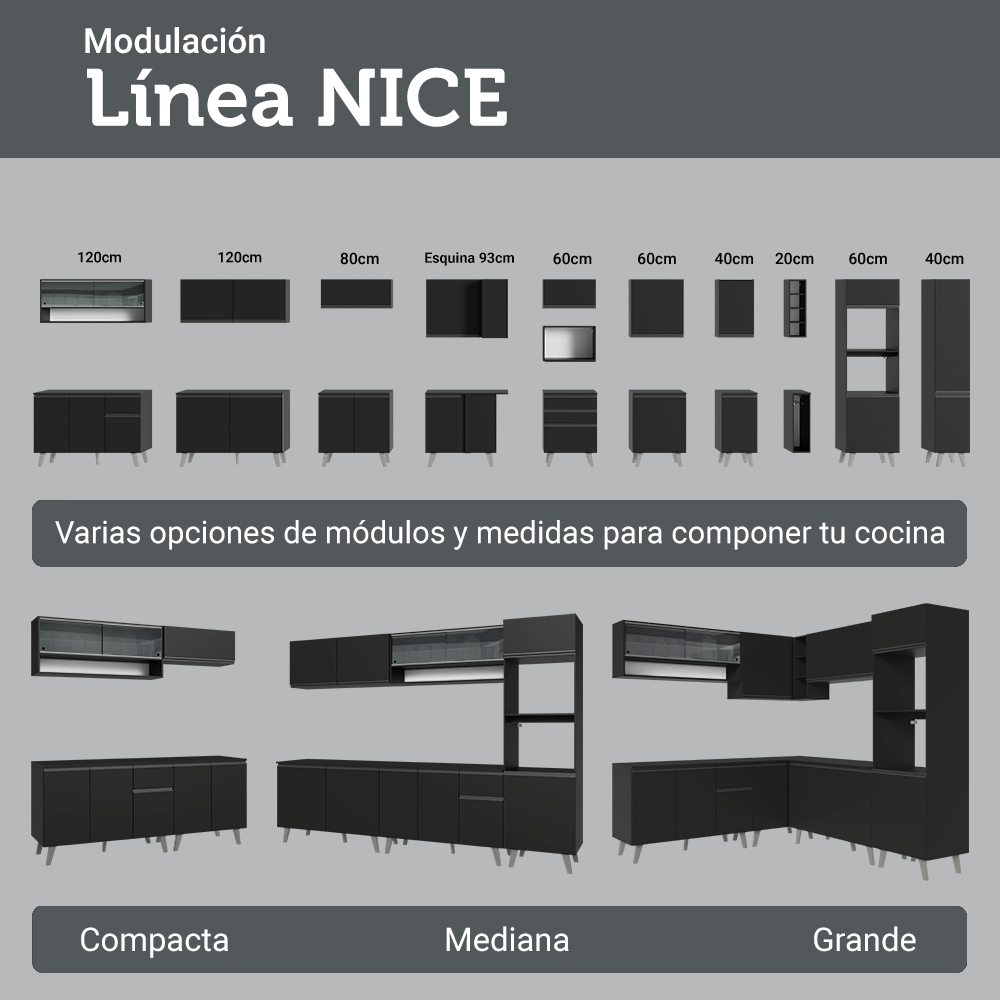 Bajo Mesada de Cocina 40 cm 3 Cajones Flotante Negro Nice Madesa