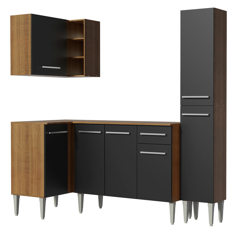 Combo completo de Cocina Esquinera 261 cm 6 Puertas 1 Cajón Marrón/Negro Emilly Madesa