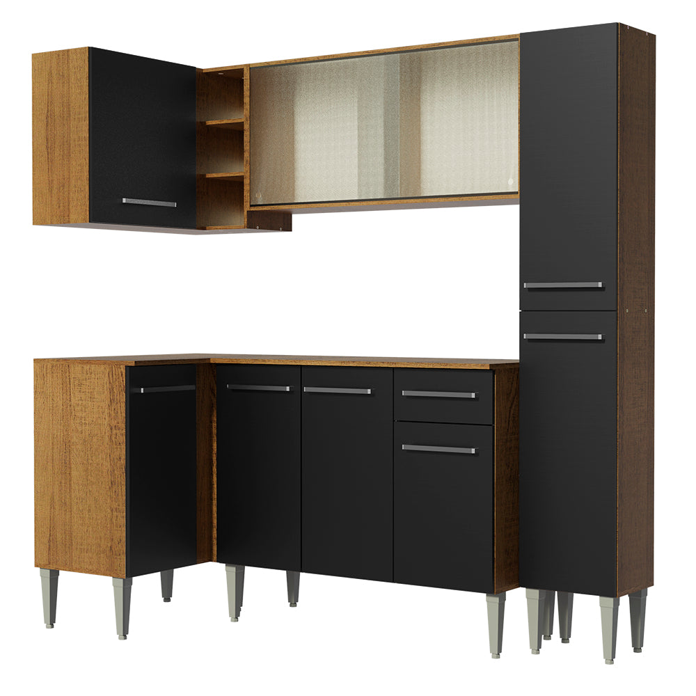 Combo completo de Cocina Esquinera 261 cm 9 Puertas 1 Cajón Marrón/Negro Emilly Madesa 02