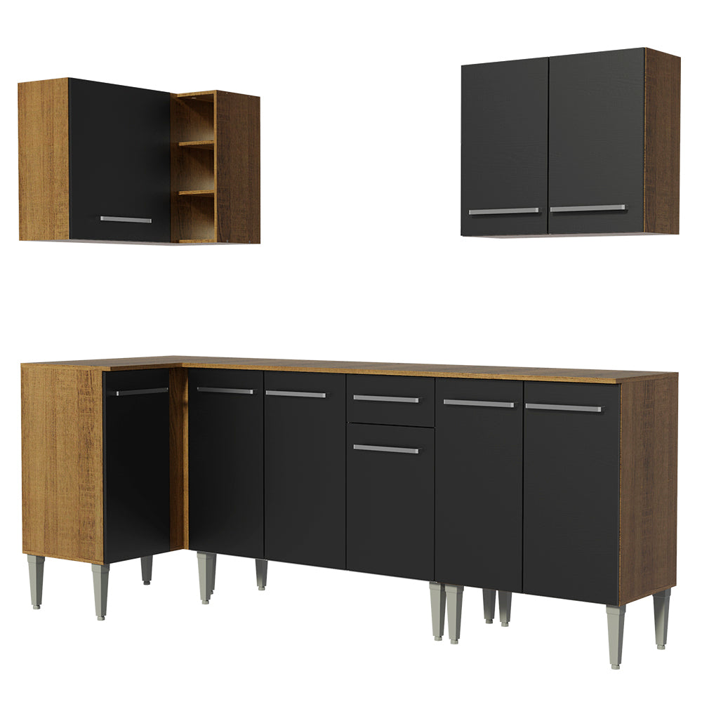 Combo completo de Cocina Esquinera 293 cm 9 Puertas 1 Cajón Marrón/Negro Emilly Madesa