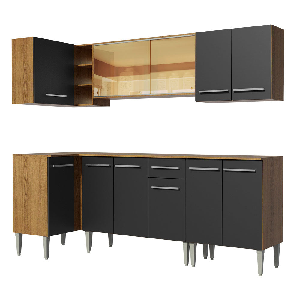 Combo completo de Cocina Esquinera 293 cm 11 Puertas 1 Cajón Marrón/Negro Emilly Madesa 04