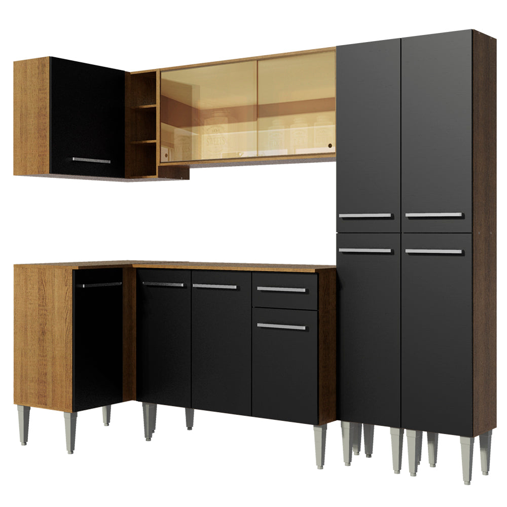 Combo completo de Cocina Esquinera 293 cm 11 Puertas 1 Cajón Marrón/Negro Emilly Madesa 06