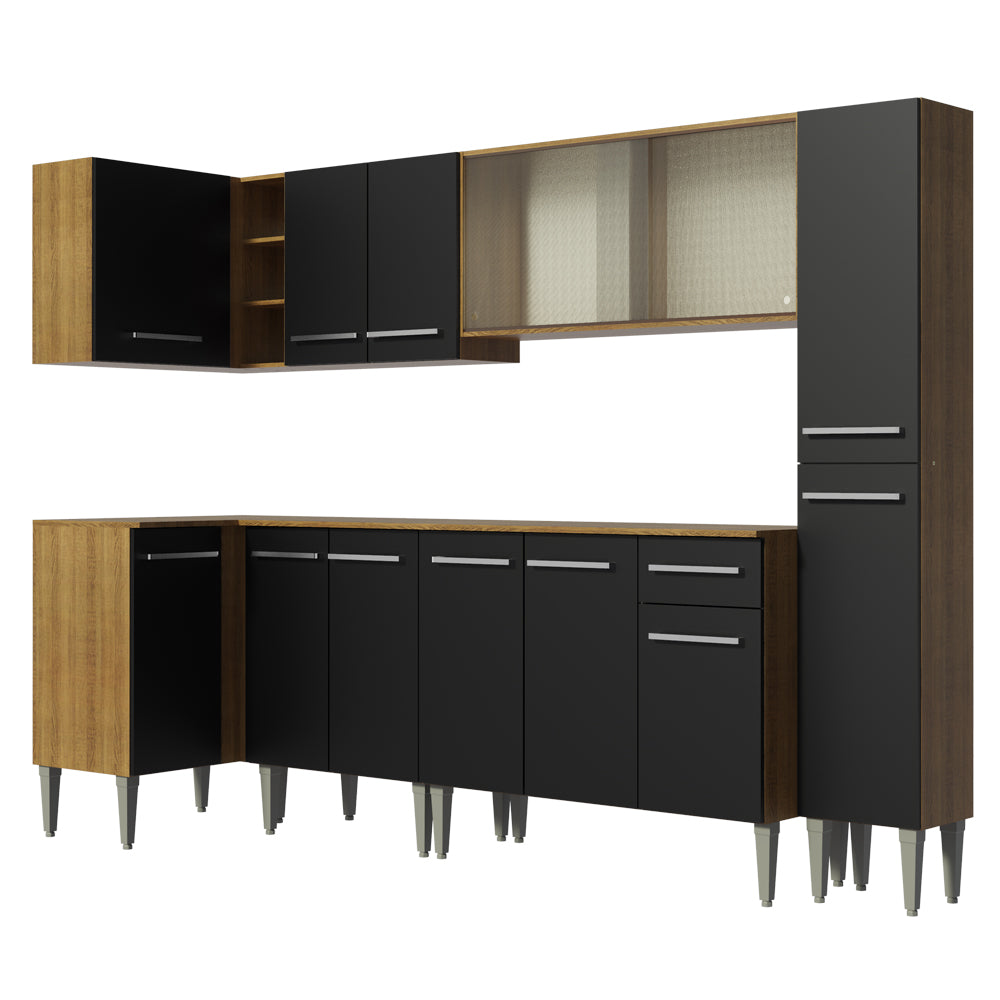 Combo completo de Cocina Esquinera 325 cm 13 Puertas 1 Cajón Marrón/Negro Emilly Madesa 03