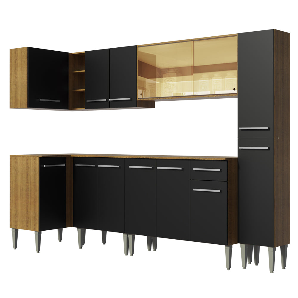 Combo completo de Cocina Esquinera 325 cm 13 Puertas 1 Cajón Marrón/Negro Emilly Madesa 04