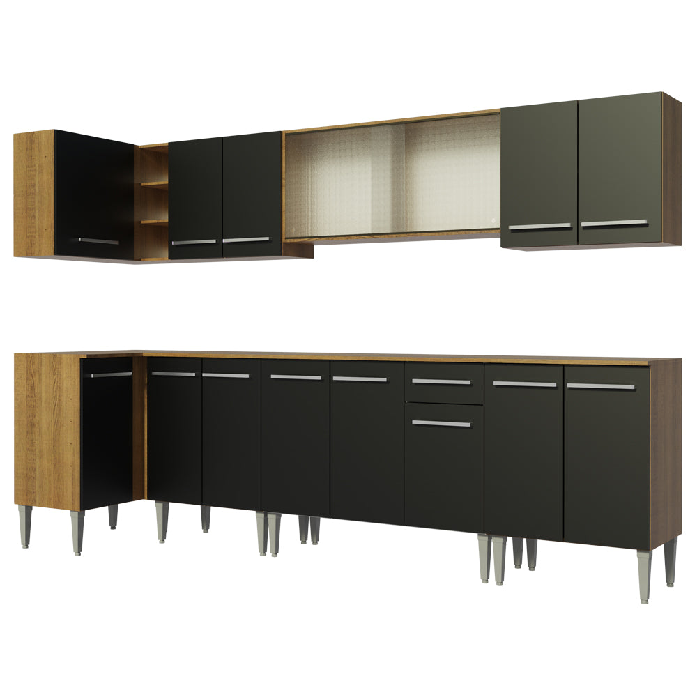 Combo completo de Cocina Esquinera 357 cm 15 Puertas 1 Cajón Marrón/Negro Emilly Madesa 02