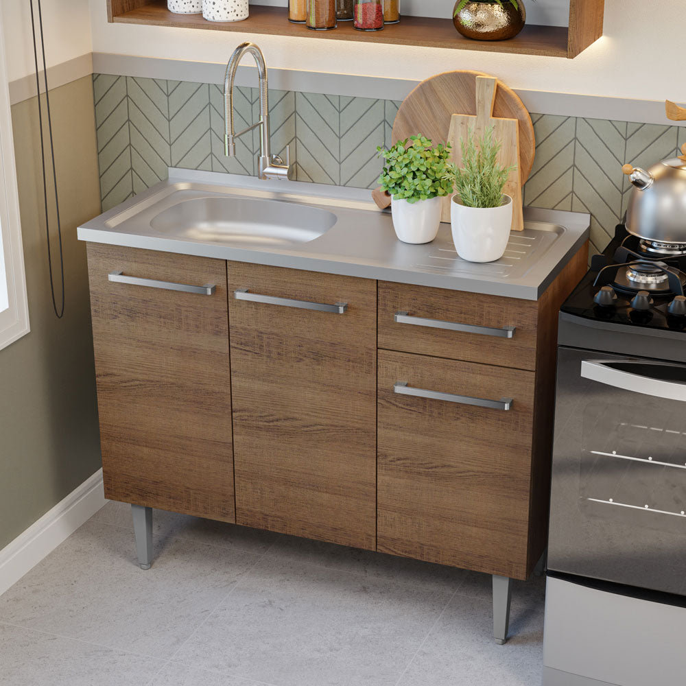 Cocina Compacta con Bacha 165 cm Emilly Marrón/Gris 09