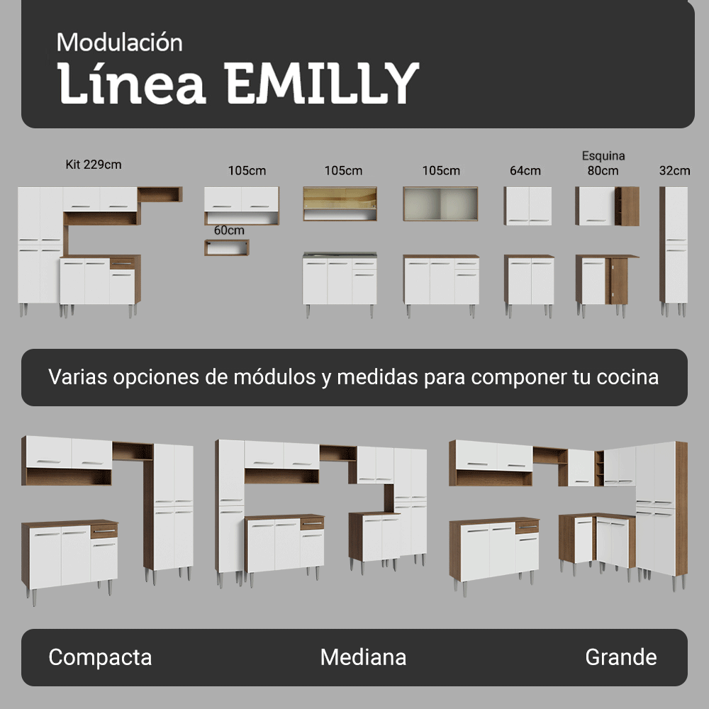Cocina Compacta 229 cm Emilly Marrón/Blanco 017