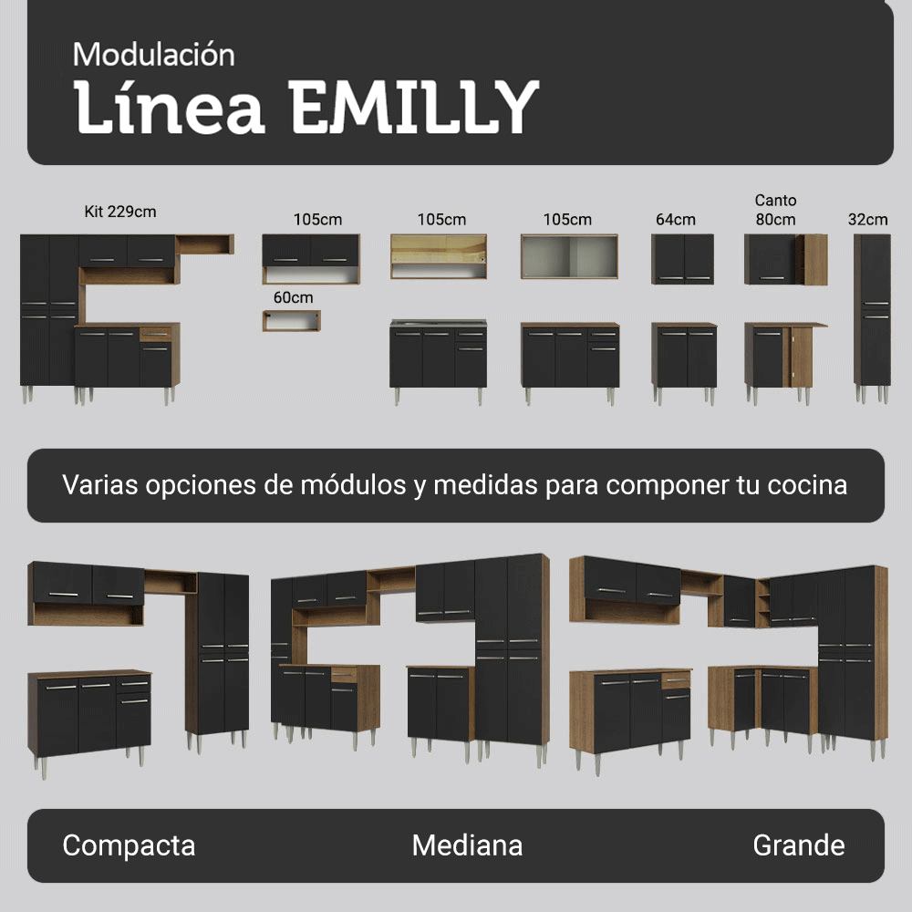 Combo Completo de Cocina 325 cm Negro/Marrón Emilly Joy Madesa