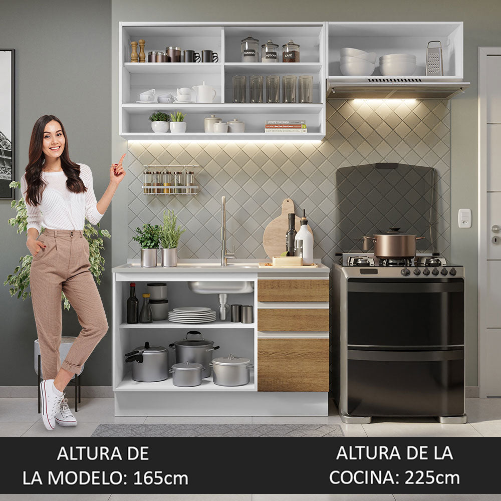 Cocina Compacta 200 cm 5 Puertas 3 Cajones Sin Mesada Blanco/Marrón Glamy Madesa