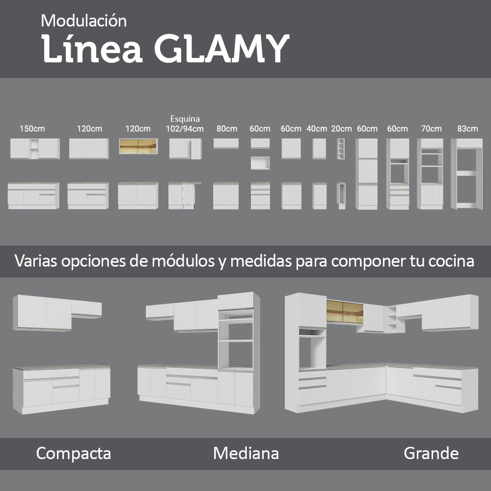 Combo completo de Cocina Compacta Madesa Glamy 220cm Blanco/Blanco/Crema 02