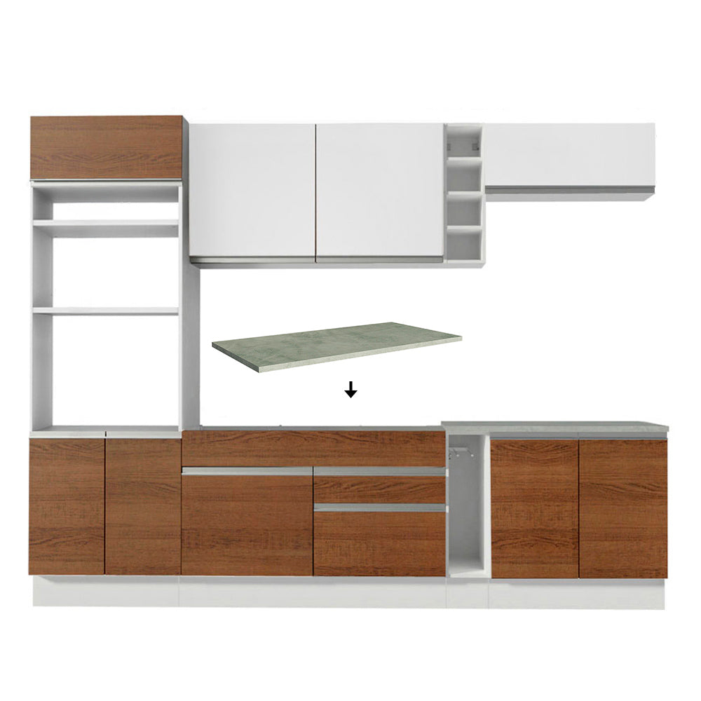 Combo completo de Cocina 290 cm 9 Puertas 2 Cajones Blanco/Marrón/Blanco Glamy Madesa