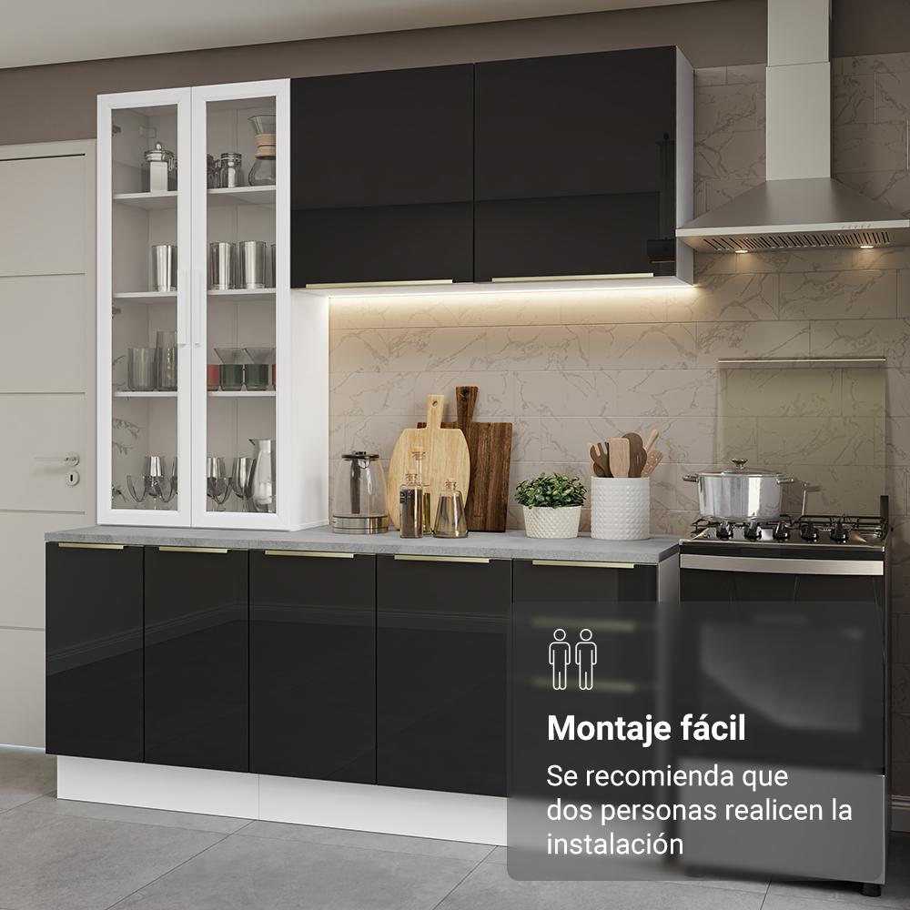Cocina Compacta 190 cm con Cristalero 8 Puertas 3 Cajones Blanco/Negro Lux Madesa