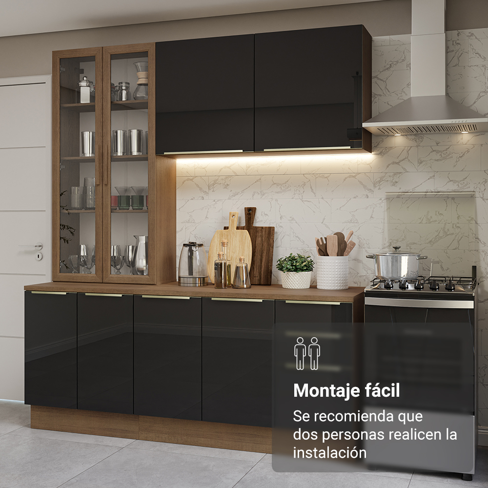 Cocina Compacta 190 cm con Cristalero 8 Puertas 3 Cajones Marrón/Negro Lux Madesa