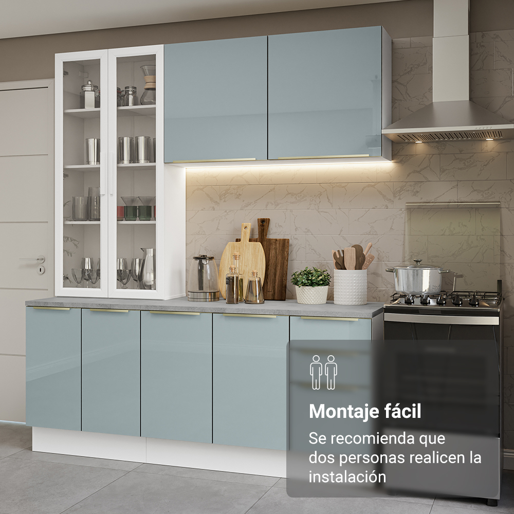 Cocina Compacta 190 cm con Cristalero 8 Puertas 3 Cajones Blanco/Gris Lux Madesa