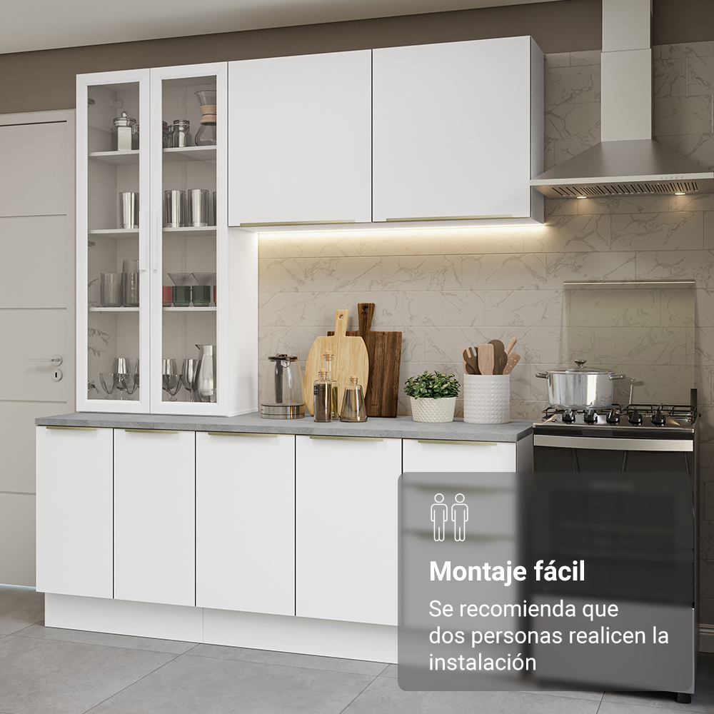 Cocina Compacta 190 cm con Cristalero 8 Puertas 3 Cajones Blanco Lux Madesa
